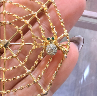 Antique Goldtone Spiderweb Rhinestone Spider Brooch