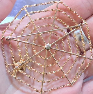 Antique Goldtone Spiderweb Rhinestone Spider Brooch
