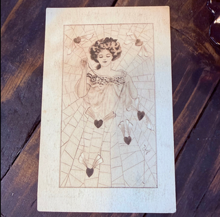Antique 1910 Art Nouveau Spiderweb Hearts Woman Postcard