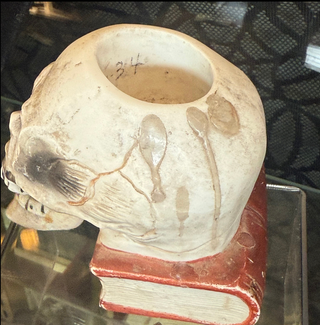 Antique 1930’s Rare Large Bisque Skull on Book Nodder Candle/Match Holder