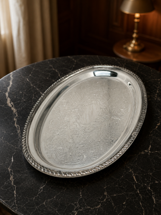Silver-Plated Oval Serving Tray - Chased Scroll & Rope Rim