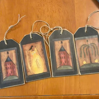 Vntg Primitive Folk Art Tags E.Smithson Set of 4