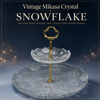 Vintage Mikasa Crystal "Snowflake" Two-Tier Tidbit Serving Tray | Gold-Tone Center Handle