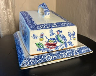1920-1930's Stoke-on-Trent Cheese Dish Polychrome Bird & Floral Motifs