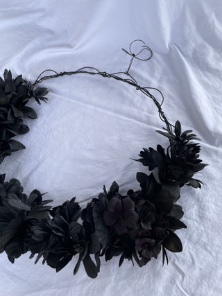 Intricate Metal and Black Flower Wreath 15"