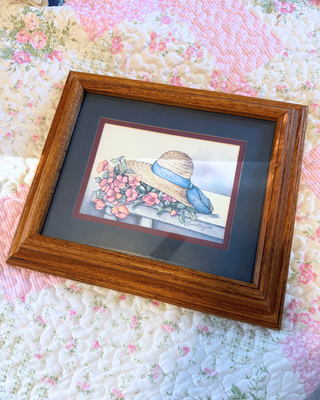 Vintage Cottagecore Framed Art | Woman’s Sun Hat & Pink Flowers | Country Garden Decor