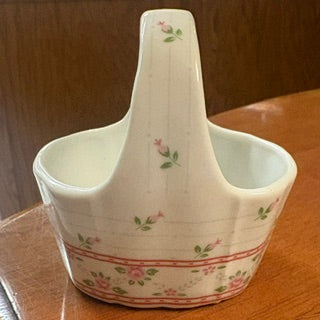 Vntg Porcelain Mini Basket w Pink Flowers