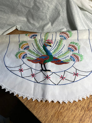 VNTG Hand Embroidered Peacock Design Runner