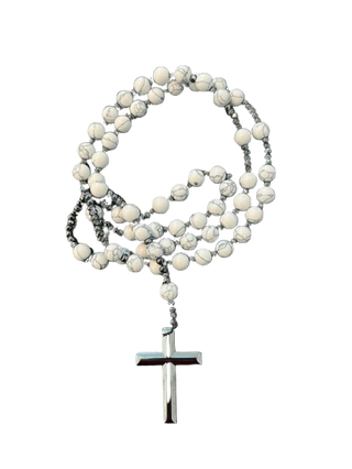 ROSARY CROSS NECKLACE -WHT-GRY
