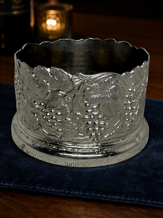 Silver Plated Wine Bottle Coaster Grapevine Motif Turned Wood Base
