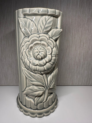 Vintage Cameron Clay Celadon Vase 9 1/4" Tall Zinnia Relief