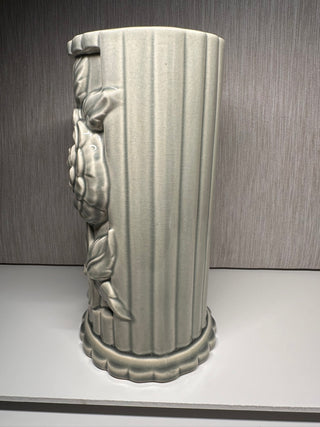 Vintage Cameron Clay Celadon Vase 9 1/4" Tall Zinnia Relief