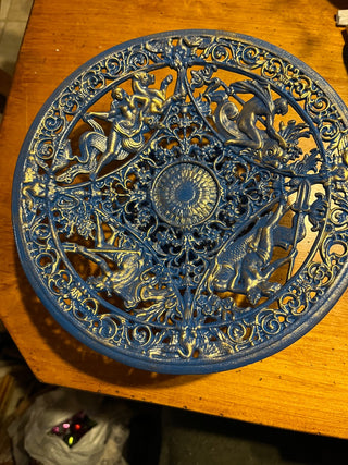 Blue w/Gold Heavy Iron Compote or Tazza w/Figures in Greek Mythology. RSV|130283