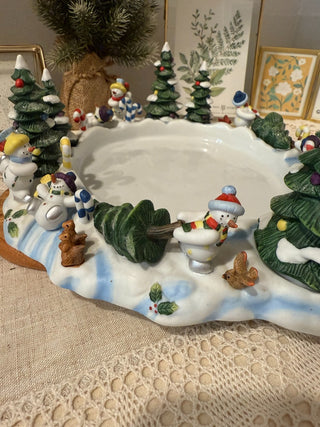 PartyLite P7870 Snowbell 3-Wick Candle Holder Plate Christmas Snowman With Box|137903