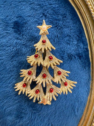 Vintage Christmas Tree Brooch Signed Gerrys Pin GoldTone Red Balls Pearl|139053