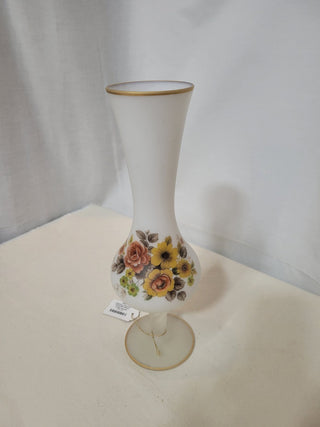 White Satin Glass painted Flowers Footed Vase RCD