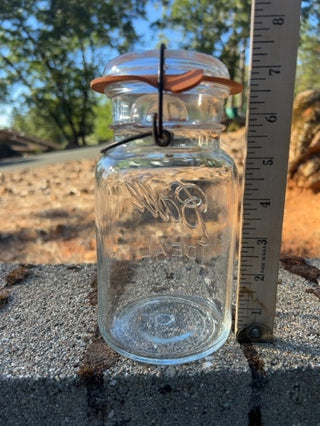 7.5” vintage clear glass Ball Ideal Mason Jar featuring a 1908 patent date