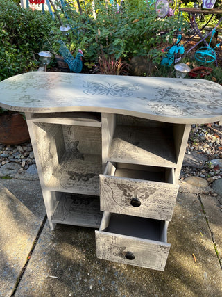 Vintage Solid Wood Kidney Table/Chest Custom Designed Gray Butterfly Table w/Drawers. RSV|128780