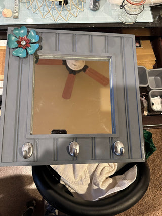 Decorative Wall Mirror with hooks, 15"x15", gray w/flower