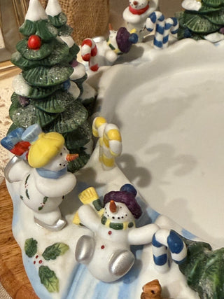 PartyLite P7870 Snowbell 3-Wick Candle Holder Plate Christmas Snowman With Box|137902