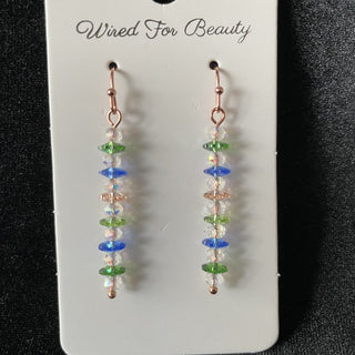 earrings, margarita beads pink green & blue RSV