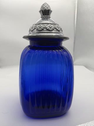 Vintage Large Artland Cobalt Blue Ribbed Glass & Silver Canister #63 VV MTS