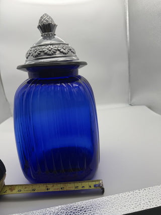 Vintage Large Artland Cobalt Blue Ribbed Glass & Silver Canister #63 VV MTS