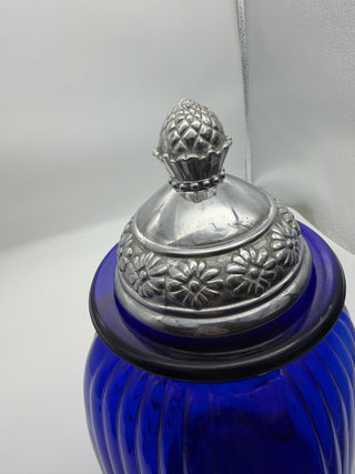 Vintage Large Artland Cobalt Blue Ribbed Glass & Silver Canister #63 VV MTS