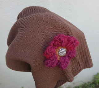French Beret Hat, brown with  plum flower