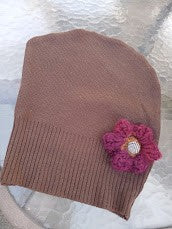 French Beret Hat, brown with  plum flower