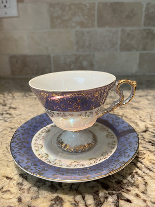 Vintage Iridescent Blue Gold Lustreware Tea Cup Saucer RCD
