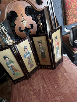 Vintage Oriental folding table top screen hand painted silk birds & Geishas #62 VV MTS|87954