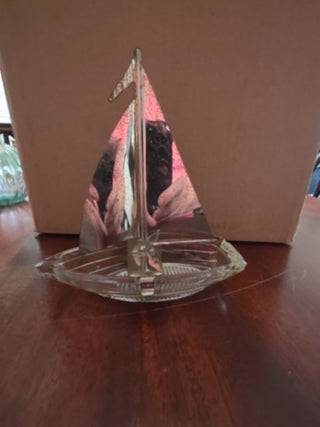 VTG Sail Boat Ashtray- Clear Glass Bottom- Silver Metal SailUSA