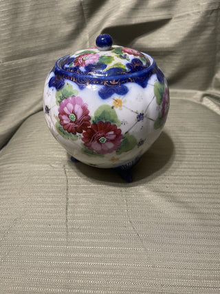 floral cobalt footed biscuit jar rsv