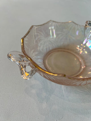 Pink iridescent etched  carnival glass bowl|61288