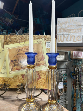 Blue/gold specked candle stick set of two w/ tapered candles