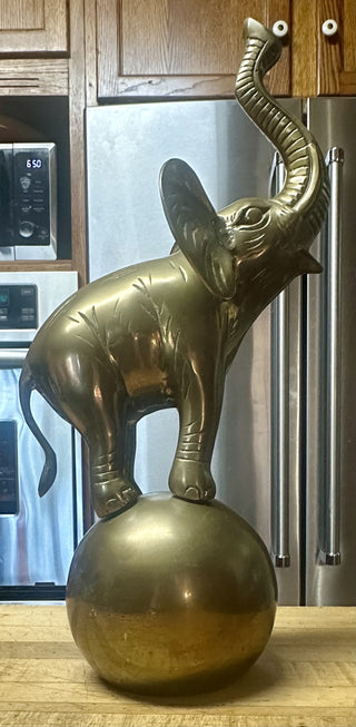 Vintage Brass Elephant on Ball Figurine Statue 18” Trunk Up - RSV|77490