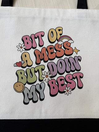 Large White Reuseable Zippered Canvas Tote Bag Bit of a Mess RCD|81901