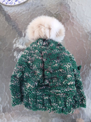 Green (Dark) Hand Knit Beanie with Pom Pom