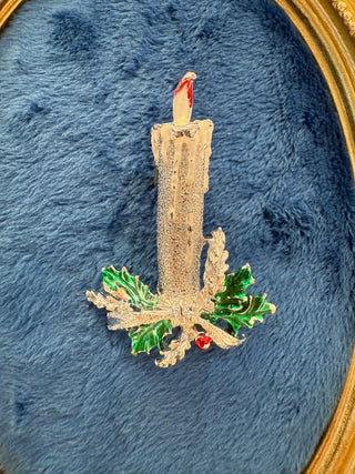 Gerrys Red Green White Enamel Gold Tone Christmas Candle Brooch VTG Signed|138968