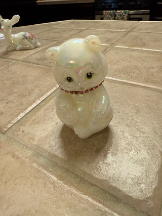 Fenton birthday bear, signed, and a sticker MTS