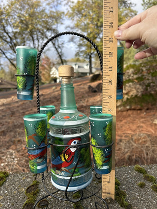 12F GCC JP VNTG Mexican TEQUILA DECANTER 6 Shot Parrot Glass Set Metal Rack Hand Painted MTS|133735