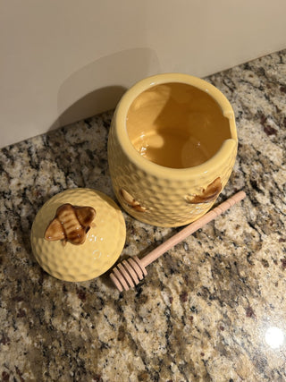 Stoneware Honey Jar with Lid and Wood Honey Dipper  MTS|75299