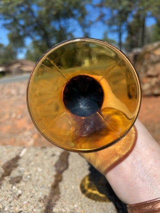 Vintage Tiara Indiana Glass Amber Zipper Ribbon Trumpet Vase Pedestal 10”