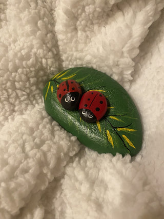 Handcrafted "Ladybugs on a Leaf" rock art RCD|138908