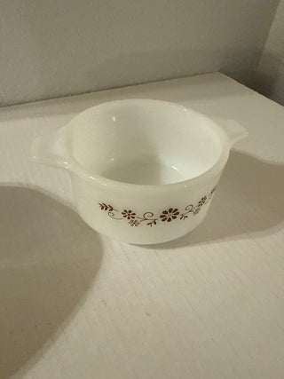 vintage Dynaware Pyr-O-Rey milk glass individual casserole dish in the "Brown Daisy" or "Brown  RCD