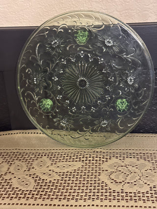 Vintage Green Glass Three Footed cake Plate - Chip on 1 foot -RCD|112301