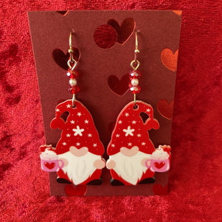 Valentine earrings, gnomes holding mugs RSV