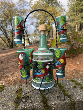 12F GCC JP VNTG Mexican TEQUILA DECANTER 6 Shot Parrot Glass Set Metal Rack Hand Painted MTS|133734