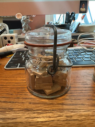 Vintage 1893 Glass Jar w/wire bail, filled with scrabble tiles RCD